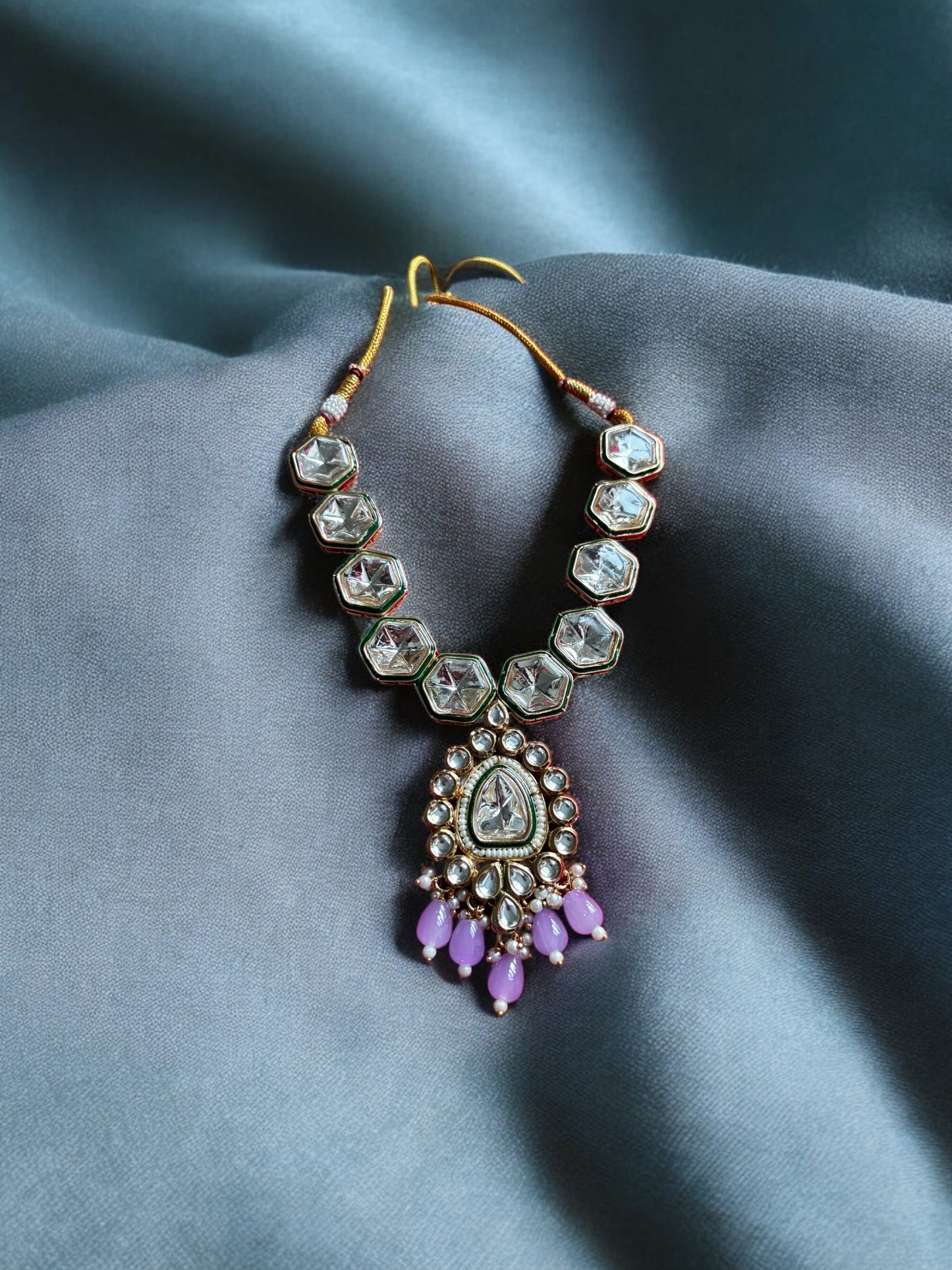 Kundan necklace with earrings with lavender beads