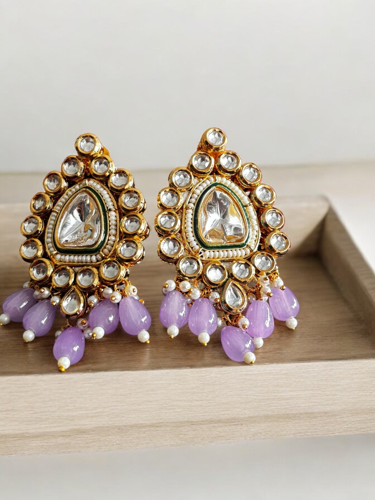 Kundan necklace with earrings with lavender beads