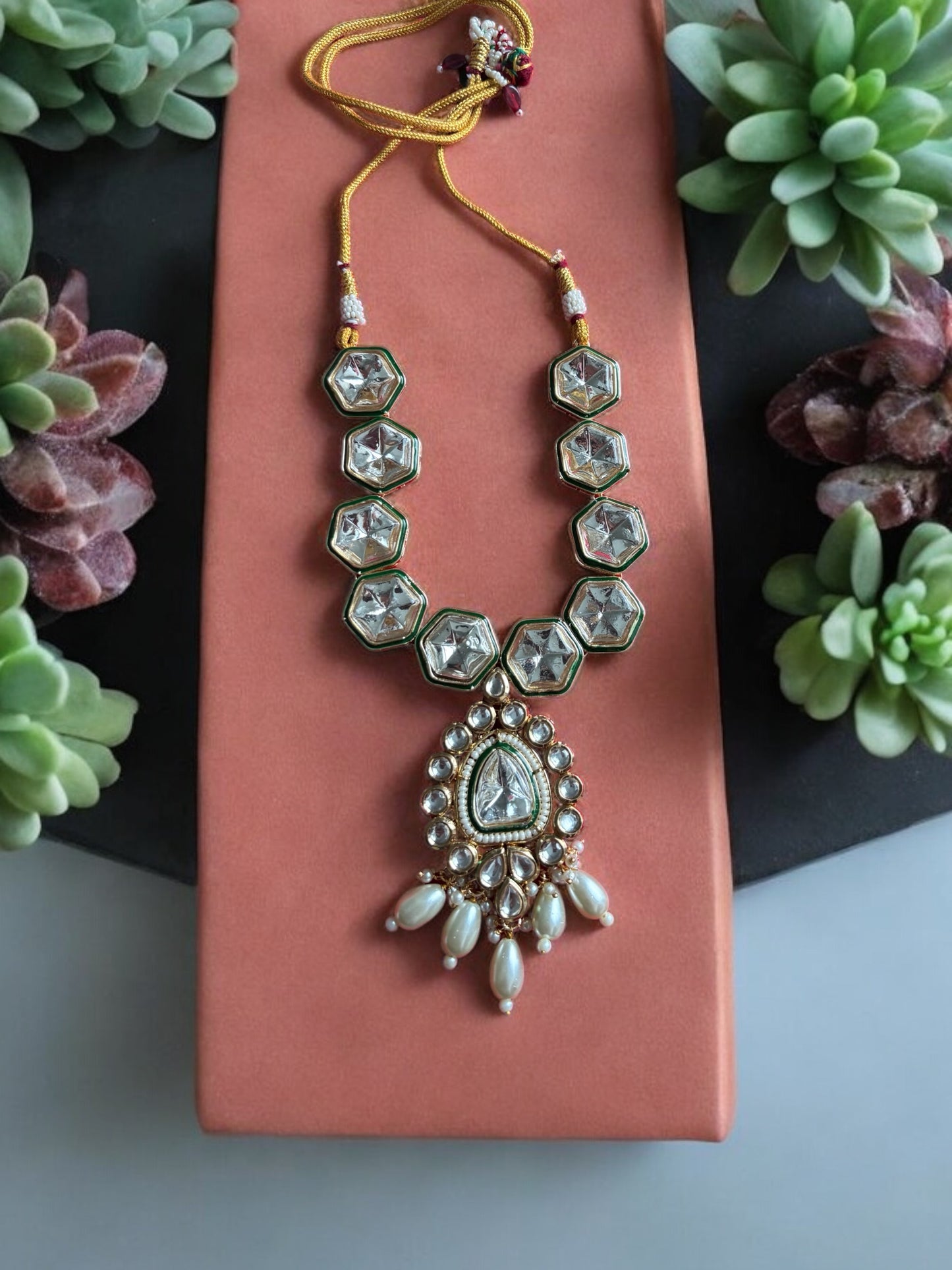 Kundan necklace with earrings with white beads