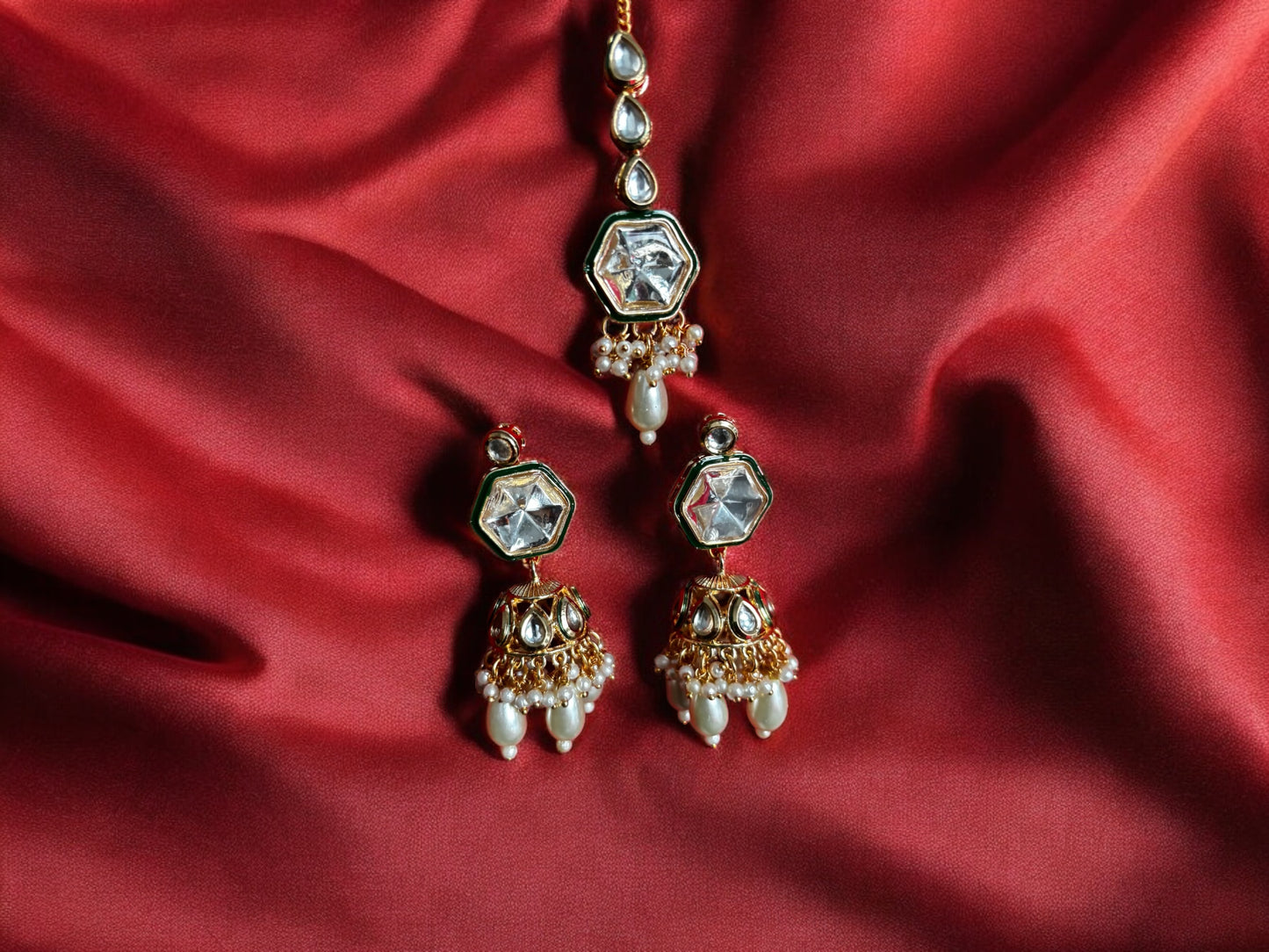 Kundan necklace set with jhumki and tikka