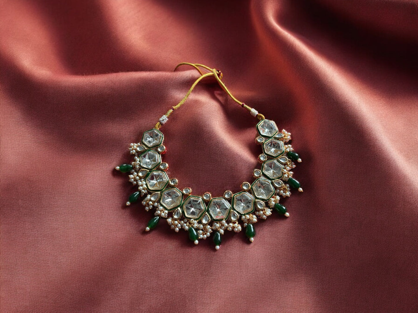 Kundan necklace with jhumki and tikka